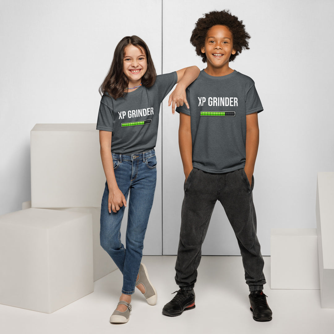 Kids wearing XP Grinder Youth t-shirt in a stylish gray color, perfect for active days and comfortable wear.
