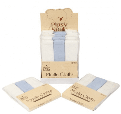 Pipsy Koala Muslin Cloths Blue/ White - 3 Pack blankets & swaddling Earthlets